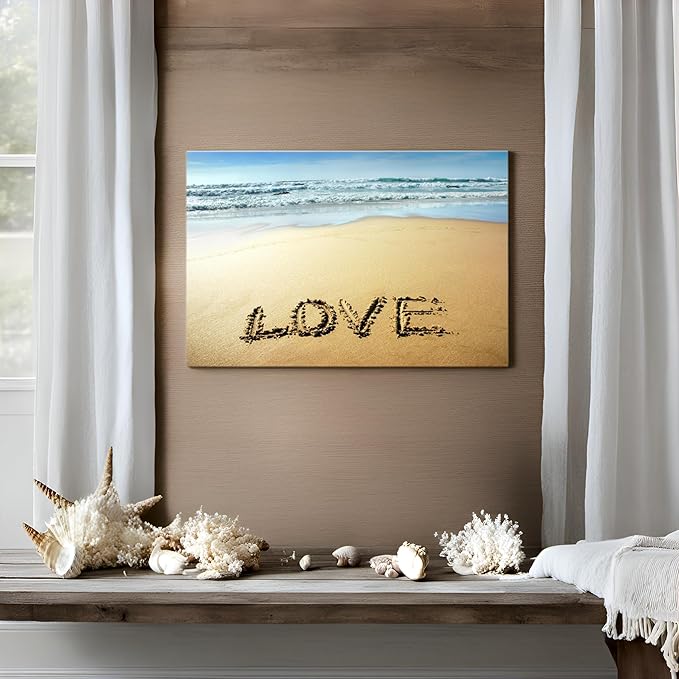 Goldfoilart Beach Canvas Wall Art for Living Room Seascape Paintings Love Coastal Picture Framed Artwork for Bathroom Bedroom Office Decor 36" x 24"
