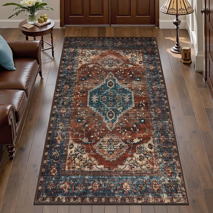 Tangsoo Vintage Rug 2x4 Washable for Entryway BlueNon Slip Small Area Rug, Dark Blue Orange Indoor Front Door Rust Blue
