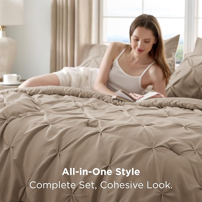 Bedsure California King Comforter Set Khaki - Bed in a Bag Cal King Bedding Set 7 Pieces, GentleSoft™ Pintuck Bed Set Gift for Family, Pinch Pleat Khaki Comforter with Sheets, Pillowcases & Shams