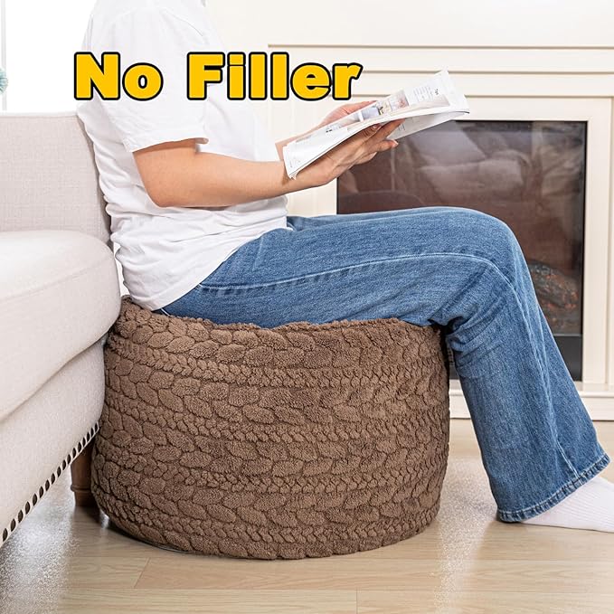 Unstuffed Ottoman Pouf Cover – Round Faux Fur Footstool Plush Floor Pouf (No Filler Included) Perfect for Living Room, Bedroom, or Office Lounge (Coffee, 26x26x18 in)