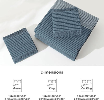 Litanika California King Quilt Set Blue Linen - Cal King Oversized Stripe Comforter Bedspreads & Coverlets - Soft Lightweight Quilted Bedding Set for All Season(1 Quilt, 2 Pillowcases)