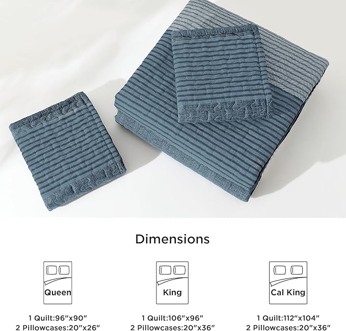 Litanika Quilt Queen Size Blue Linen, Stripe Patchwork Summer Bedspread Coverlet 3 Pieces, Soft Lightweight Microfiber Quilted Bedding Set for All Season(1 Quilt, 2 Pillowcases)