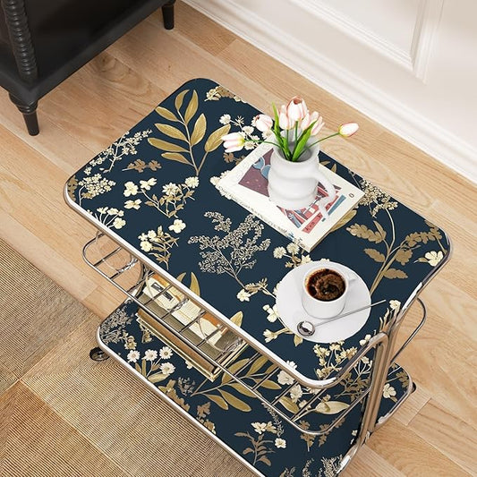 Dark Blue Leaf Wallpaper Peel and Stick Dark Floral Wallpaper for Bedroom Vintage Leaf Contact Paper Waterproof Self Adhesive Boho Floral Wall Paper for Bedroom Walls Countertop 17.5in x 118in