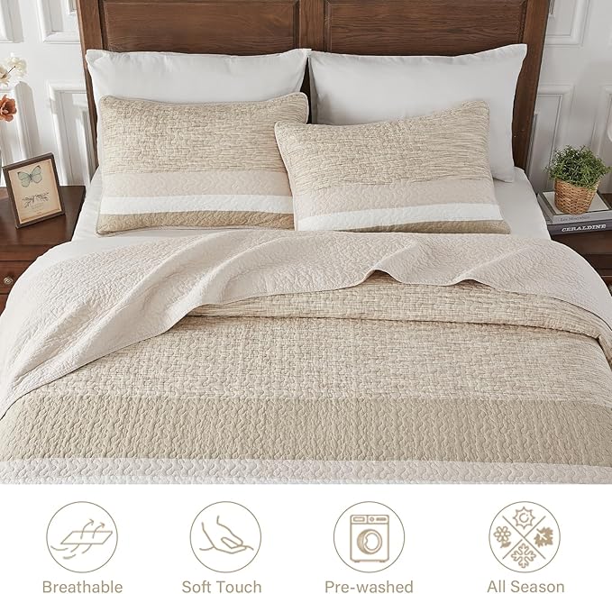 Finlonte 100% Cotton Overized Queen Bedspread Set, Striped Reversible Lightweight Quilted Bedspreads Coverlet, 3-Piece, Brown, Queen Size