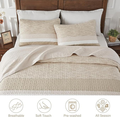 Finlonte 100% Cotton Overized King Bedspread Set, Striped Reversible Lightweight Super Large Quilted Bedspreads Coverlet, 3-Piece, Brown, California King Size