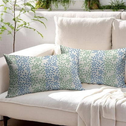 Blue Green Lumbar Pillow Covers 12x20 Set of 2 Modern Geometry Dahlia Floral Print Outdoor Decorative Linen Zipper Throw Pillows Cases Cushion Cover Rustic Decoration Farmhouse Sofa Couch Bed Decor