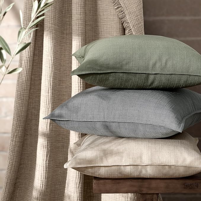 MIULEE Pack of 2 Thick Textured Couch Throw Pillow Covers, Olive Green Decorative Pillow Covers 22x22, Neutral Linen Cushion Cases for Sofa Bed Living Room Modern Farmhouse Home Decor, No Filling
