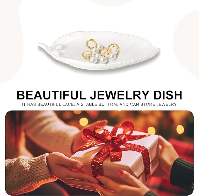 Ceramic Jewelry Dish, Decorative Tray for Rings Earrings Necklaces Bracelet Watch Keys, 4.50" Trinket Tray as Gifts for Women (White Leaf)