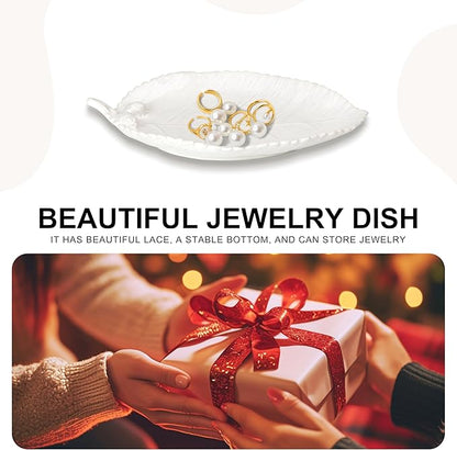 Ceramic Jewelry Dish, Decorative Tray for Rings Earrings Necklaces Bracelet Watch Keys, 4.50" Trinket Tray as Gifts for Women (White Leaf)
