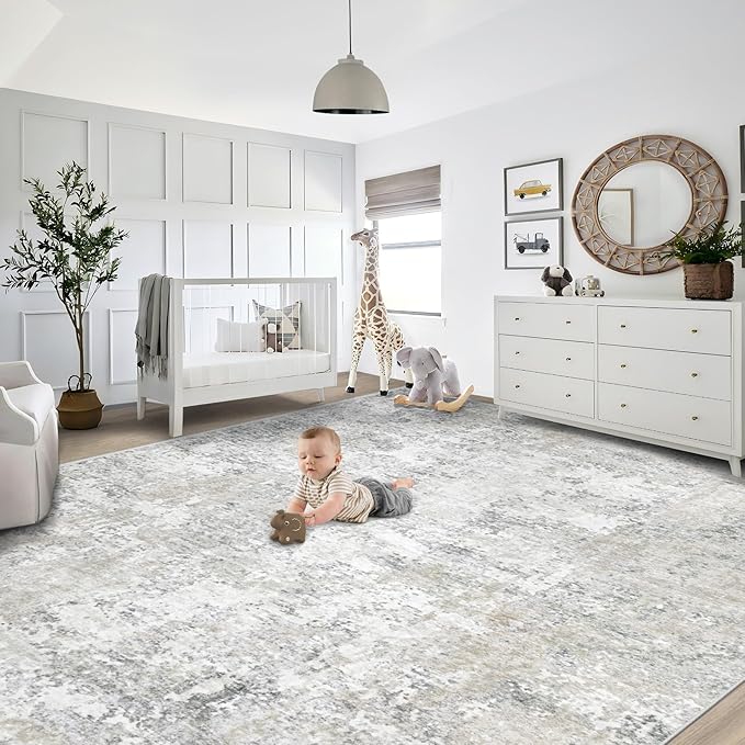 9x12 Area Rugs for Living Room, Washable Modern Abstract Large Area Rug Neutral Soft Non Slip Kids Rug Stain Resistant Indoor Carpet for Bedroom Dining Room Playroom Home Office(Beige Grey, 9'x12')
