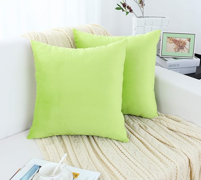 Jeneoo Comfy Soft Thick Velvet Throw Pillow Cases for Sofa Couch, Decorative Solid Square Cushion Covers for Bedroom Car (Lime Green, 18 x 18 Inches, 2 Pieces)