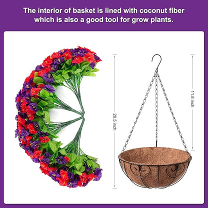 Artificial Hanging Flowers in 12 inch Basket, Faux Silk Petunias Flower Arrangement,Coconut Lining with Morning Glories Fake Plants Patio Garden Porch Deck Spring Summer Decor(Purple and Red)