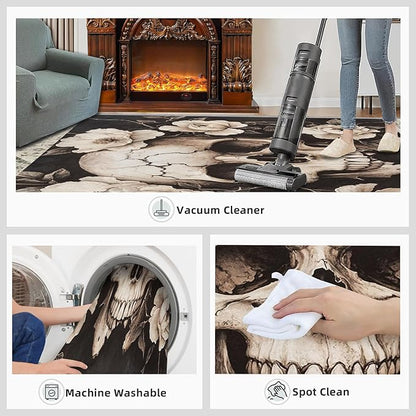 Skull Washable Rugs 2x3 Rug for Living Room, Floral 2x3 Rug Gothic Low-Pile Carpet for Bedroom Dining Non Slip Mat with Rubber Back