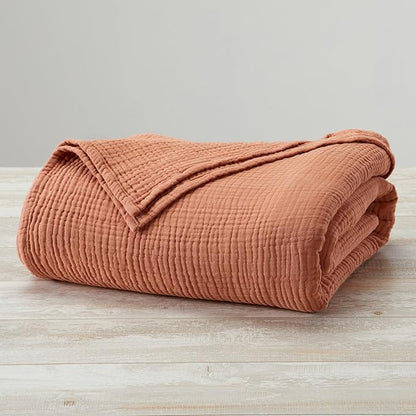 100% Cotton Muslin King Size Blanket | Soft, Breathable, and Lightweight Bed Blanket for All-Season | Perfect for Layering | Maria Collection (King, Rust)