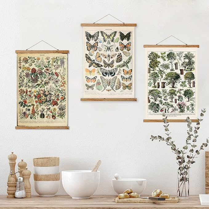 3 Pack Vintage Poster (Small), Hanging Poster Hanger Frame, Retro Style of Wall Art Prints, Printed on Linen with Wood Frames, Ready to Hang