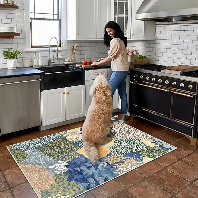 DEXDE Washable Area Rug 3x5 Low Pile Non-Slip Boho Small Carpet with Botanical Leaf Pattern, Soft Machine Washable Rug for Bedroom, Entryway, Living Room, Kitchen, Office, Blue