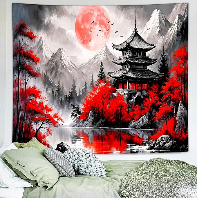 Delur Japanese Forest Tapestry Anime Red and Black Mountain Vintage Moon Nature Tapestry Wall Hanging Tree Sunset Landscape Cherry Blossom Headboard for Bedroom Living Room Home Decor (59.1" x 78.7")