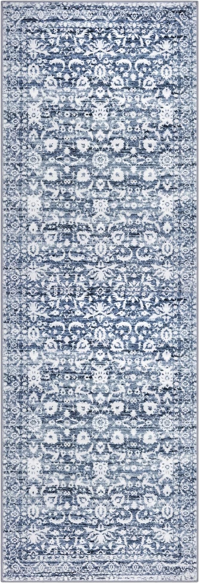 Runner Rug 2x10, Light Blue White Washable Long Hallway Rug Runner Non-Slip Soft Kitchen Runner Thin Printed Faux Wool Super Soft Carpet for Entryway Bedroom Laundry Room Indoor Home Decor