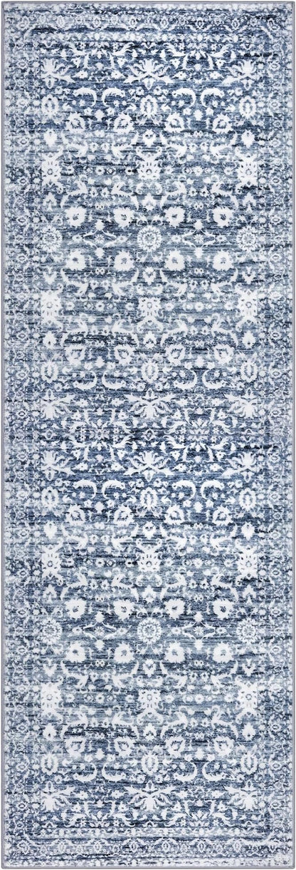 Runner Rug 2x10, Light Blue White Washable Long Hallway Rug Runner Non-Slip Soft Kitchen Runner Thin Printed Faux Wool Super Soft Carpet for Entryway Bedroom Laundry Room Indoor Home Decor