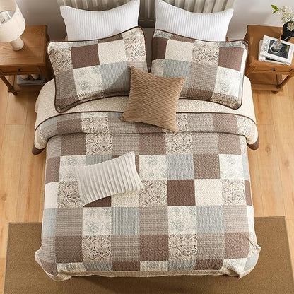 SahSahCasa 100% Cotton 120"x120" Oversized California King Bedspread Coverlet Quilt Set, Cal King Plaid Paisley Floral Extra Large Reversible XL Bed Spread Lightweight Comforter, Brown/Beige/Gray