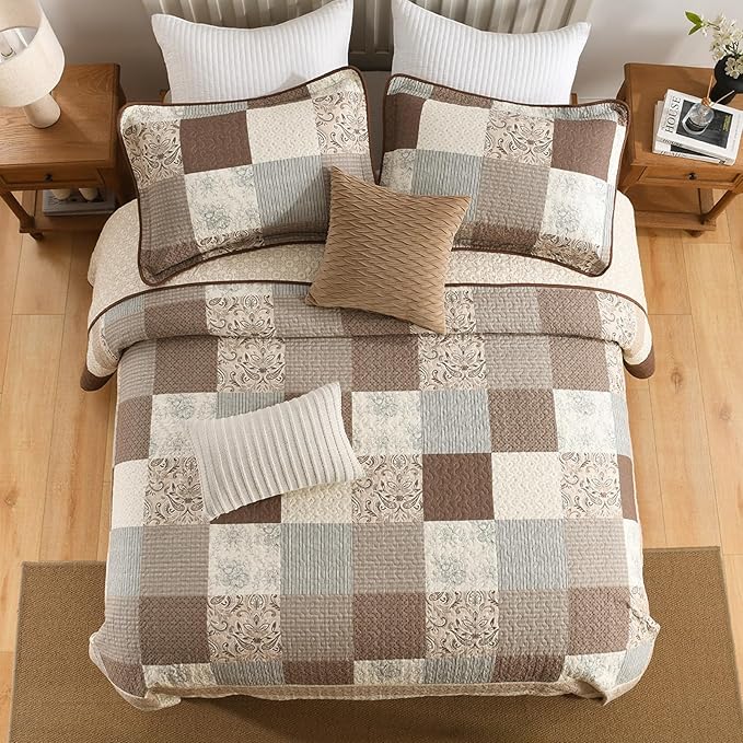SahSahCasa 100% Cotton 120"x102" Oversized Queen Bedspread Coverlet Quilt Set, Plaid Paisley Floral Extra Large Reversible XL Bed Spread Lightweight Comforter, Brown/Beige/Gray