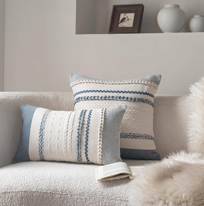 Boho Throw Pillow Covers 20x20 Inch Set of 2, Blue Textured Decorative Couch Pillow Cases for Farmhouse Home Decor, Accent Cushion Cover for Sofa, Bed, Living Room, Bedroom