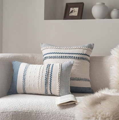 Boho Throw Pillow Covers 12x20 Inch Set of 2, Blue Textured Decorative Couch Pillow Cases for Farmhouse Home Decor, Accent Cushion Cover for Sofa, Bed, Living Room, Bedroom
