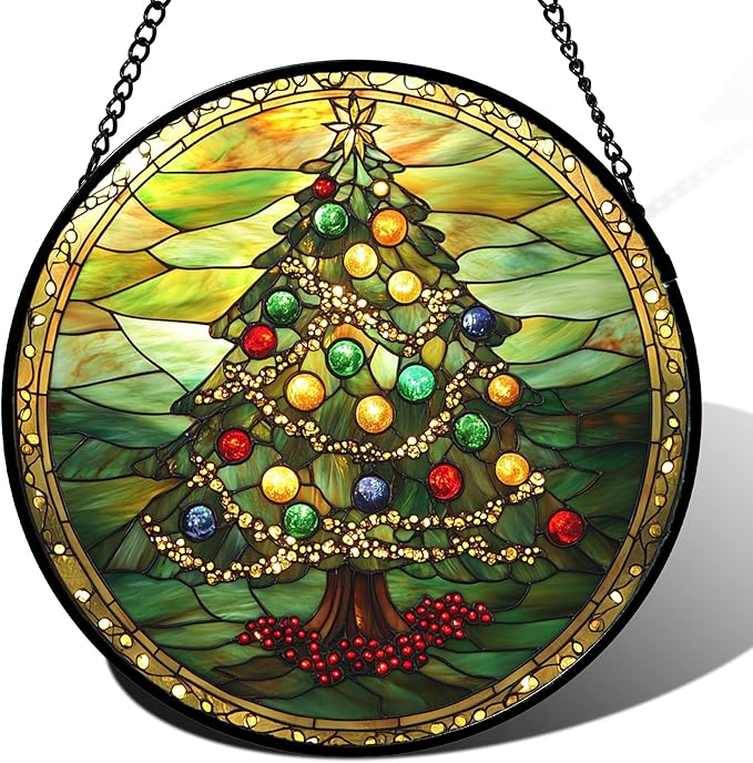 Stained Glass Window Hanging - Green Christmas Tree Gold Ribbon Suncatcher for Doors Home Christmas Decoration Sun Catcher Thanksgiving New Year Birthday Gifts for Women Men Mom Nana 7.8 in