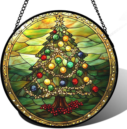 Stained Glass Window Hanging - Green Christmas Tree Gold Ribbon Suncatcher for Doors Home Christmas Decoration Sun Catcher Thanksgiving New Year Birthday Gifts for Women Men Mom Nana 7.8 in