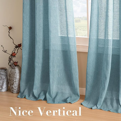 Elegant Natural Linen Curtain Panels Energy Efficient Semi - Sheers Linen Curtains/Nickel Grommet Window Treatments Panels for Patio Glass Door/Balcony (Set of 2, Turquoise, 52"W x 96"L)