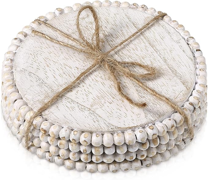 Honeydak 4 Pieces Wood Beaded Coasters 3.9 Inch Round Rustic Farmhouse Wooden Coasters for Drinks Decorative Table Top Wood Bar for Housewarming Home Kitchen(Beige)