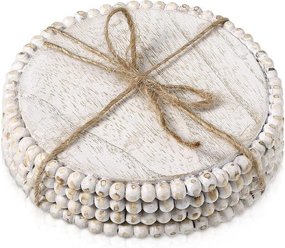 Honeydak 4 Pieces Wood Beaded Coasters 3.9 Inch Round Rustic Farmhouse Wooden Coasters for Drinks Decorative Table Top Wood Bar for Housewarming Home Kitchen(Beige)