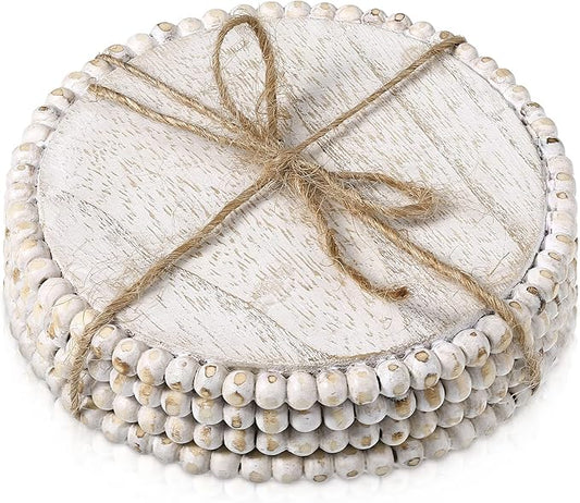 Honeydak 4 Pieces Wood Beaded Coasters 3.9 Inch Round Rustic Farmhouse Wooden Coasters for Drinks Decorative Table Top Wood Bar for Housewarming Home Kitchen(Beige)