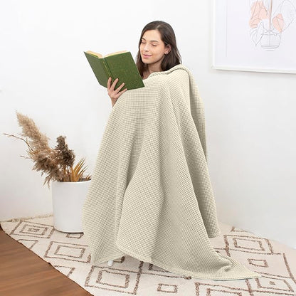 100% Cotton Waffle Blankets for Bed - Throw (50" x 60") Lightweight, Breathable and Soft, Waffle Weave Blanket for All-Season - Summer, Spring, Winter (Beige)