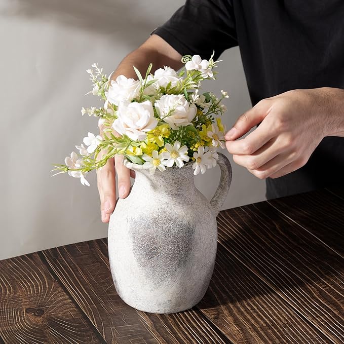 Ceramic Rustic Vase with Handle, Decorative Jug Pitcher, Terracotta Stone Vase for Decor Living Room, Vintage Home Decor, Natural