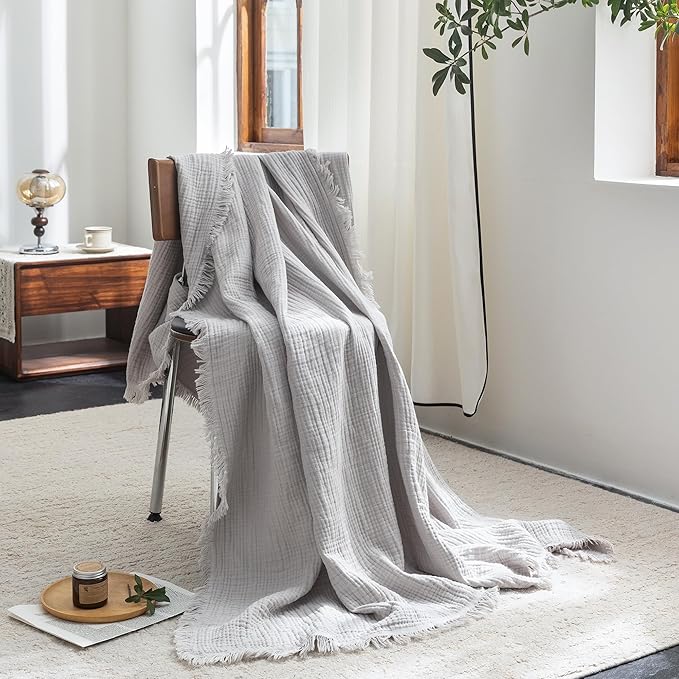 FOSSA Muslin Blanket with Fringe - 4-Layer 100% Cotton Gauze Super Soft & Breathable Throw -Lightweight Decorative Cooling Blanket for Bed, Sofa, Office -Throw XL Size 70" x 50" (Grayish)