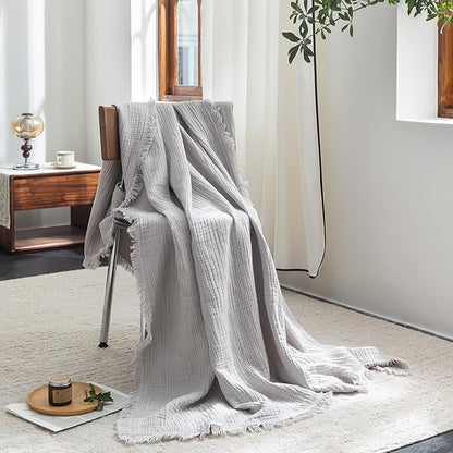 FOSSA Muslin Blanket with Fringe - 4-Layer 100% Cotton Gauze Super Soft & Breathable Throw -Lightweight Decorative Cooling Blanket for Bed, Sofa, Office -Throw XL Size 70" x 50" (Grayish)