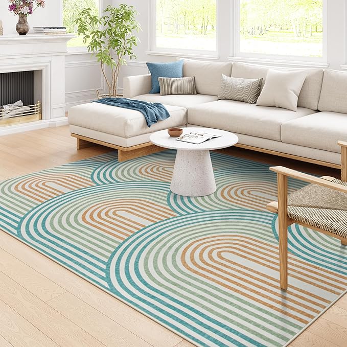 Moynesa Abstract Rainbow Washable Area Rug 6x9, Soft Ultra-Thin Rugs for Bedroom Boys Non Slip Playroom Rug, Mid Century Modern Colored Orange Green Large Carpet for Living Room Nursery