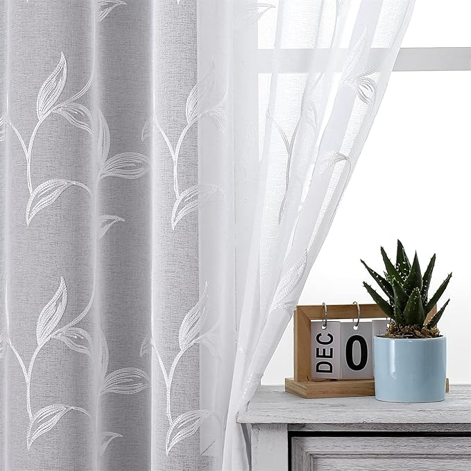 VISIONTEX White Sheer Curtains 120 Inches Long 2 Panels Set Embroidered Floral Leaf Pattern Rod Pocket Semi Sheer Voile Window Curtains/Drapes for Bedroom Living Room 54 x 120 Inches