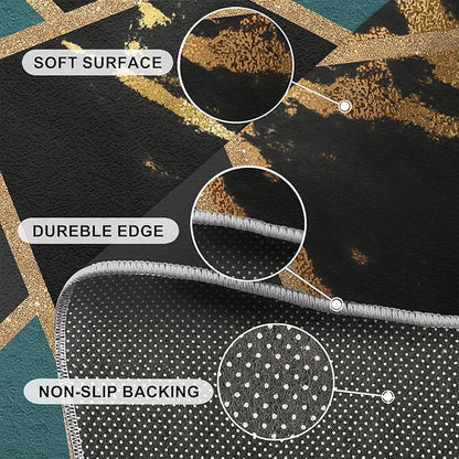 Black Gold Marble Area Rugs Emerald Green Abstract Marble Carpet Medieval Geometry Area Rug Indoor Non-Slip Carpet Golden Geometric Lines Rugs for Bedroom 2x3ft
