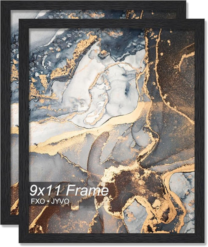 Engineered Wood 9x11 Picture Frame Set of 2, Black Frame for 9 x 11 Inch Picture Poster Photo, Light Weight 9 by 11 Frame with Wood-grain for Wall - 2 Pack/Black/9"x11"