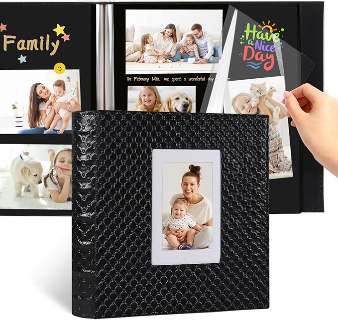 RECUTMS Photo Album Scrapbook 30 Pages for 4x6 5x7 8x10 Photos Size DIY Self Adhesive Pages Button Grain Leather Picture Album Baby Family Wedding Anniversary Picture Book (Black)