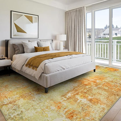 Washable Area Rugs for Living Room 8x10 - Large Neutral Modern Abstract Rug, Soft Low Pile Carpet with Non Slip Backing for Under Dining Room Table, Bedroom, Home, Office, Dorm - Yellow Brick