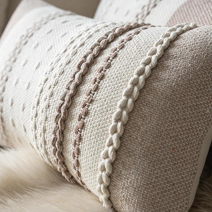Boho Lumbar Pillow Covers 14x36 Inch Long, Khaki Textured Decorative Couch Pillow Cases for Farmhouse Home Decor, Accent Cushion Cover for Sofa, Bed, Living Room, Bedroom, Pack of 1