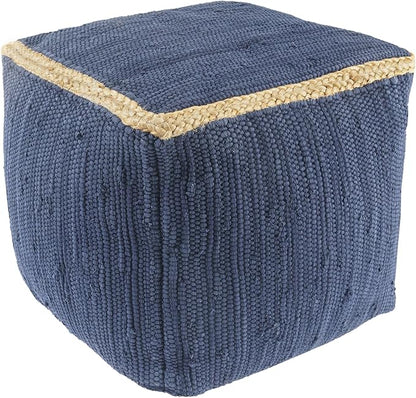 LR Home Indigo Bordered Transitional Hand-Loomed Cotton Pouf with Jute Braid for Home Decor | Farmhouse Cube Foot Rest for Bedroom & Living Room Decor | 18 x 18 x 18 Stuffed Ottoman for Seating