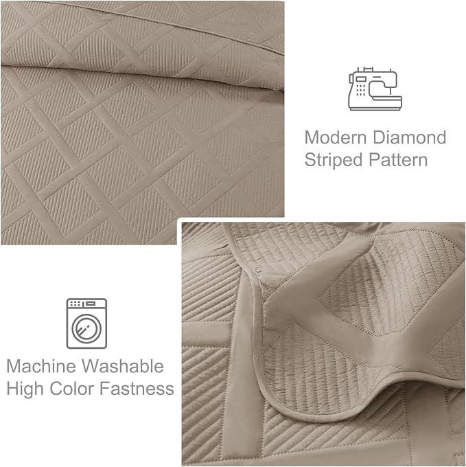 Exclusivo Mezcla Twin Size Quilt Set with Modern Striped Pattern, 2 Pieces Summer Lightweight Taupe Quilts Bedding Set, Soft Bedspreads Coverlets for All Seasons