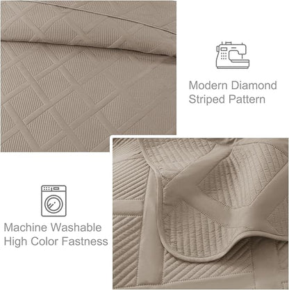 Exclusivo Mezcla Full Queen Size Quilt Set with Modern Striped Pattern, 3 Pieces Summer Lightweight Taupe Quilts Bedding Set, Soft Bedspreads Coverlets for All Seasons