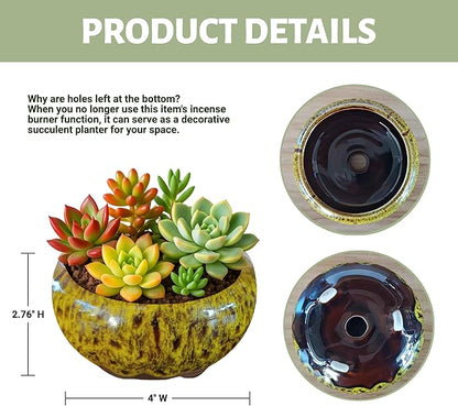 Incense Burner with Calabash Incense Stick Holder - Porcelain Charcoal Censer for Use with Resin Granular Powder Cone or Coil Incense (Kiln-Colored Yellow)