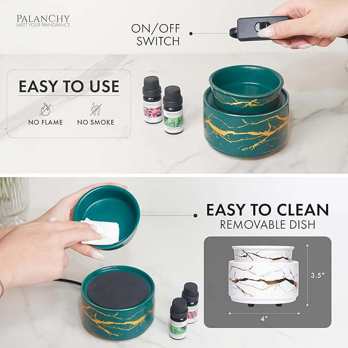 PALANCHY Wax Melt Warmer Ceramic 2-in-1 Oil Burner Electric Candle Wax Warmer Burner Melter Fragrance Warmer for Scented Waxs Home Office Bedroom Aromatherapy Gift& Decor (Green Gold)