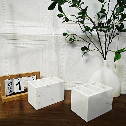 Marble Pen Holder, White Stone, Rectangular Desktop Organizer for Office Study (white 3 layer)